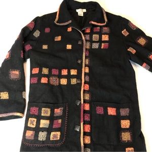 Vintage Sandy Starkman Wool Cut Out Crochet Button Lined Down Jacket Boho Small